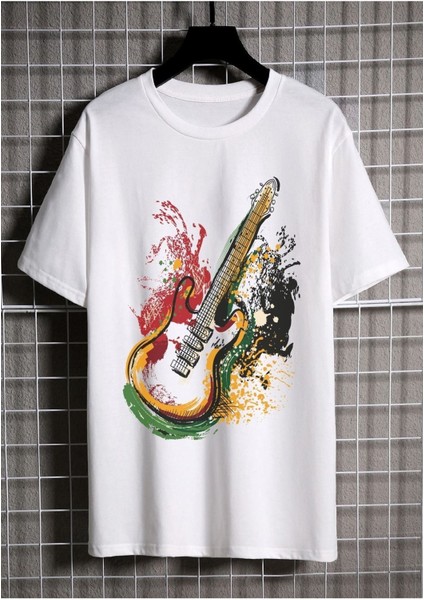 Unisex Gitar Baskılı Oversize T-Shirt