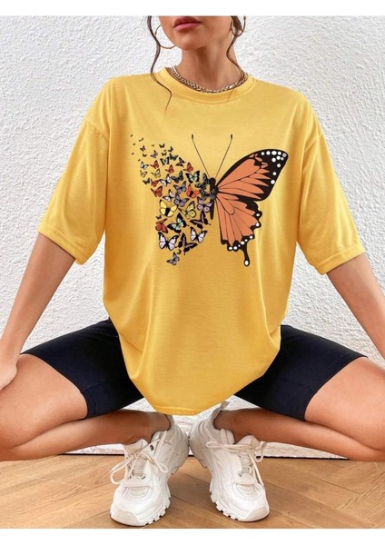 Sarı Kelebek Baskılı Kadın Oversize T-Shirt Salaş Boyfirend