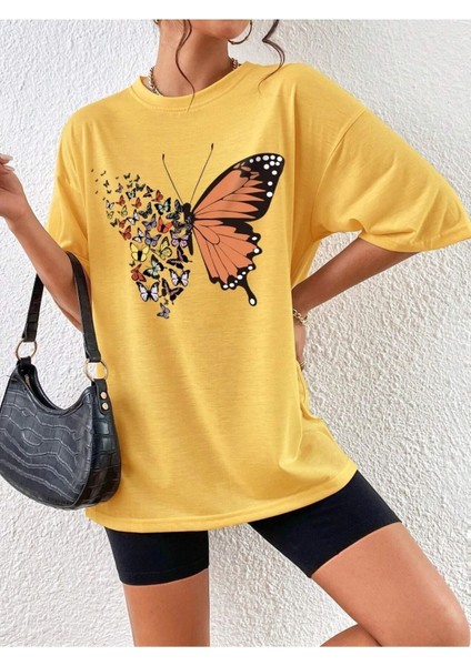 Sarı Kelebek Baskılı Kadın Oversize T-Shirt Salaş Boyfirend