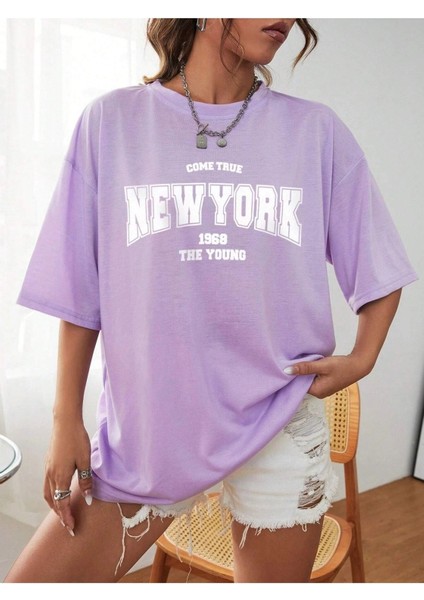 New York 1968 Baskılı Kadın Oversize Salas T-Shirt Boyfriend