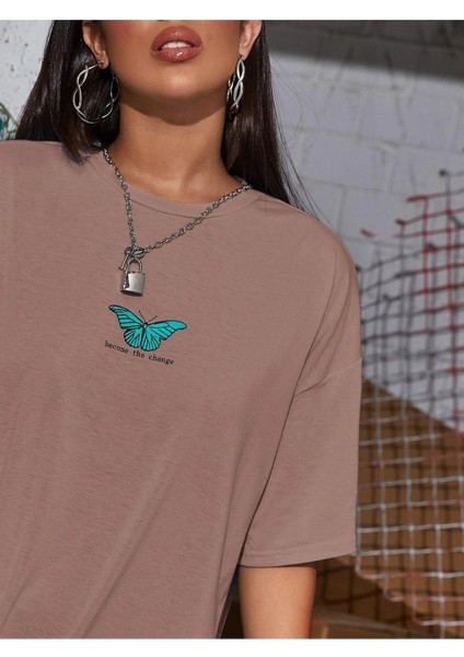 Minik Kelebek Baskılı Oversize T-Shirt Salaş Boyfirend