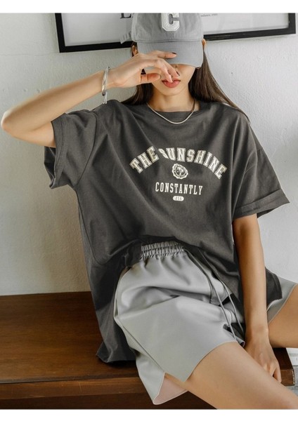 The Sunshine T-Shirt -Füme, Baskılı, Bisiklet Yaka, Baskılı, Kısa Kol, Boyfriend, modelleri