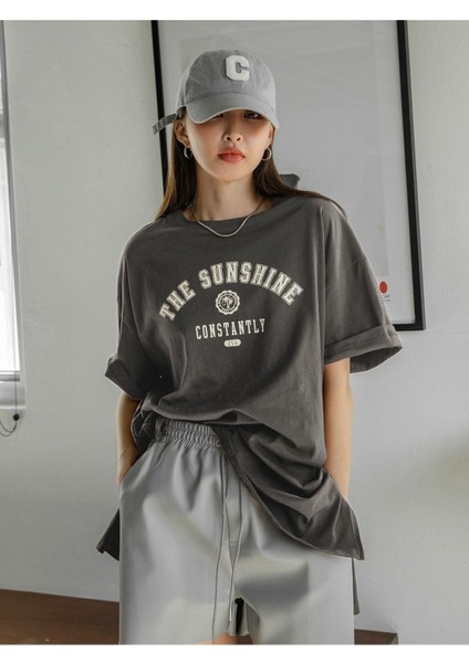 The Sunshine T-Shirt -Füme, Baskılı, Bisiklet Yaka, Baskılı, Kısa Kol, Boyfriend, fırsatları