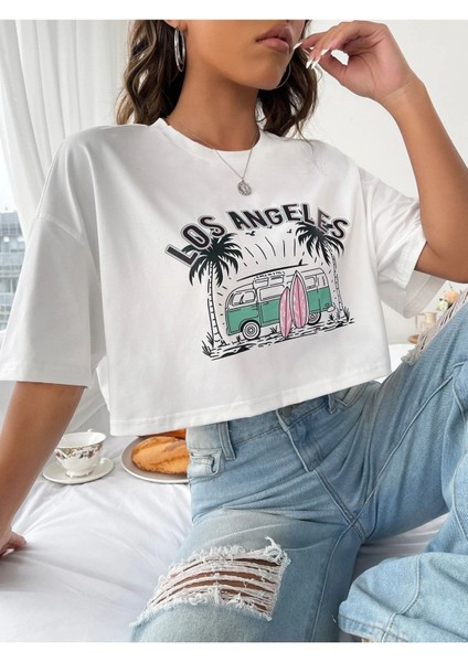 Kadın Crop Oversize Los Angels Baskılı modelleri
