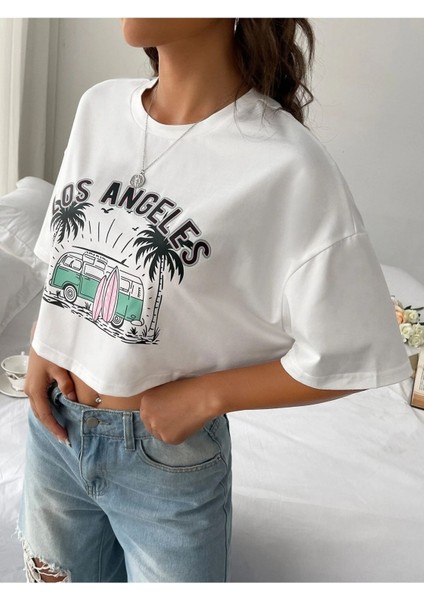 Kadın Crop Oversize Los Angels Baskılı fırsatları