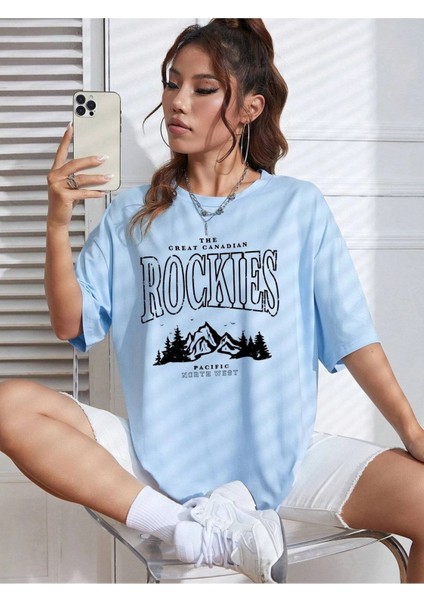 Rockıes Baskılı Bebek Mavisi Oversize T-Shirt Salaş Boyfirend