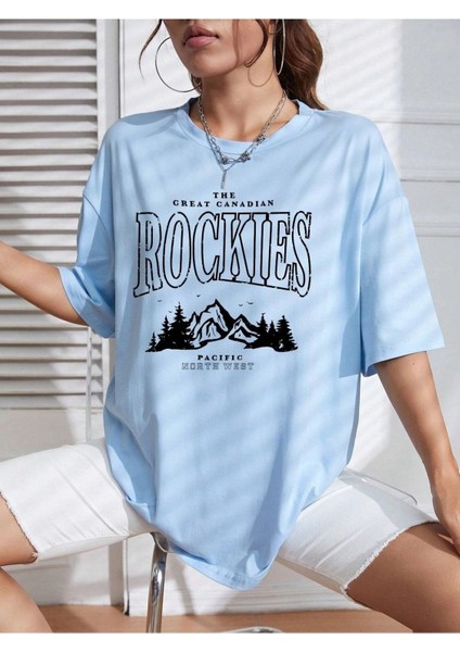 Rockıes Baskılı Bebek Mavisi Oversize T-Shirt Salaş Boyfirend fırsatları