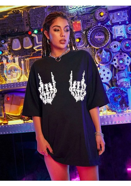 Devil Horns Baskılı Siyah Oversize T-Shirt Salaş Boyfirend