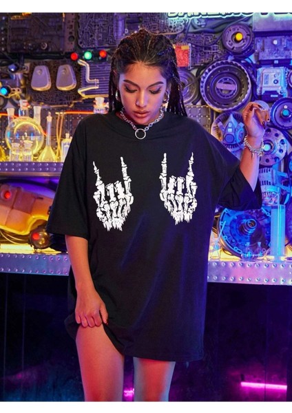 Devil Horns Baskılı Siyah Oversize T-Shirt Salaş Boyfirend fiyatları