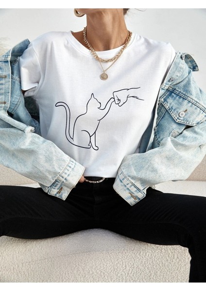 Cat Baskılı Kadın Oversize Salas T-Shirt Boyfriend