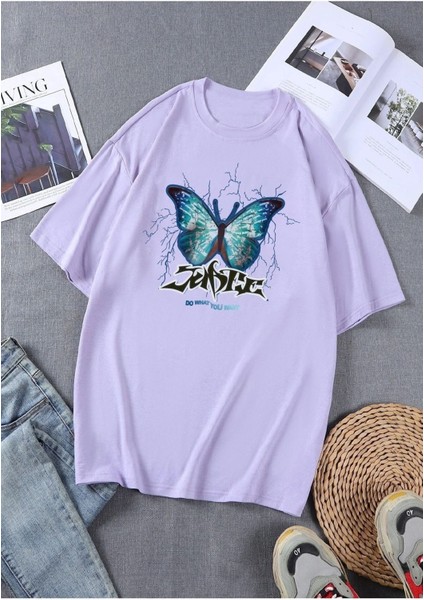Kadın Lila Kelebek Baskılı Oversize T-Shirt
