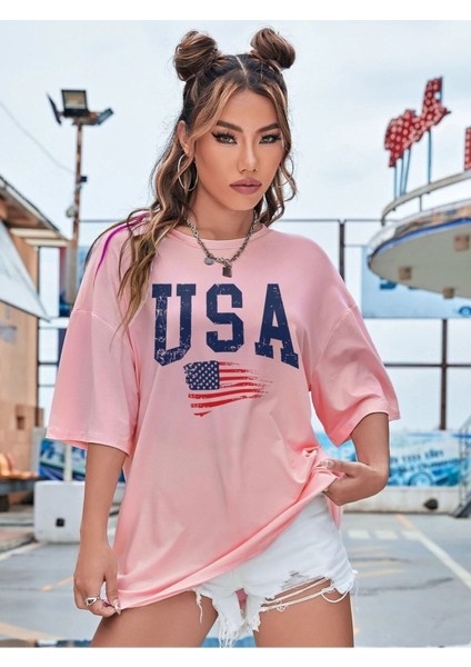 Usa Amerika Baskılı Oversize T-Shirt Salaş Boyfirend