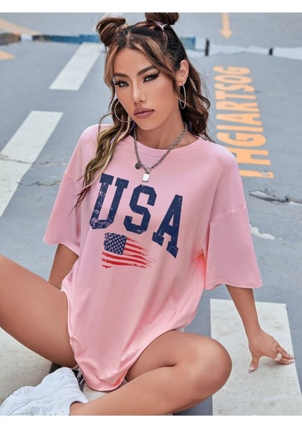 Usa Amerika Baskılı Oversize T-Shirt Salaş Boyfirend modelleri