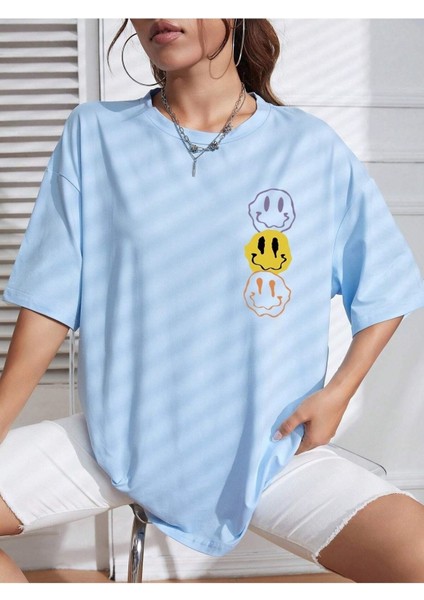 Smile Baskılı Kadın Oversize Salaş T-Shirt Boyfirend