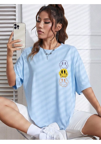 Smile Baskılı Kadın Oversize Salaş T-Shirt Boyfirend