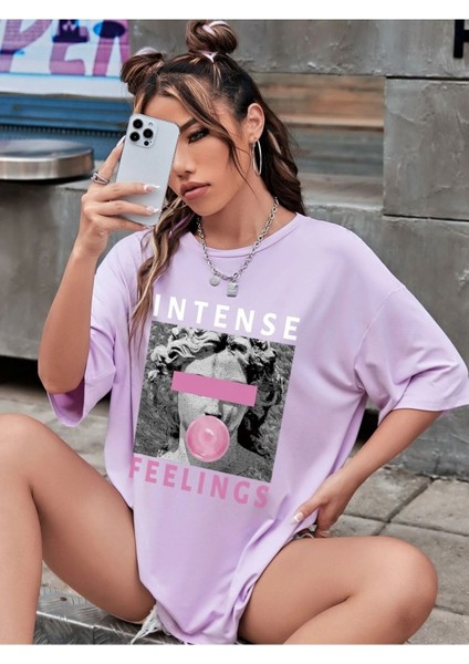 Intense Felling Baskılı Kadın Oversize Salas T-Shirt Boyfriend