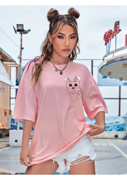 Cepte Tavşan Baskılı Pembe Kadın Oversize Gri Salas T-Shirt Boyfriend