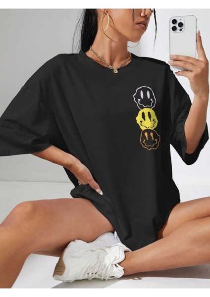 Smile Baskılı Kadın Oversize Salaş T-Shirt Boyfirend