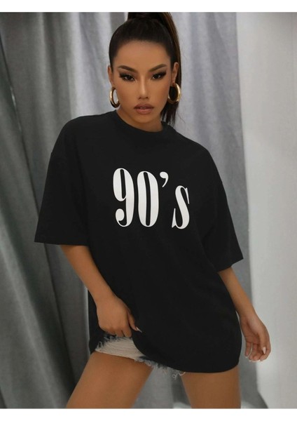 90 Lar Siyah Oversize T-Shirt Salaş Boyfirend