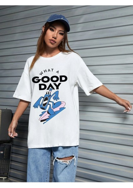 Good Day Baskılı Kadın Oversize Beyaz Salas T-Shirt Boyfriend
