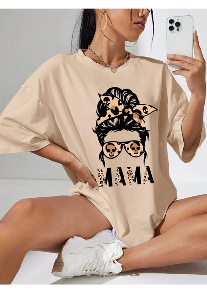 Mama Leopar Baskılı Oversize T-Shirt Salaş Boyfirend