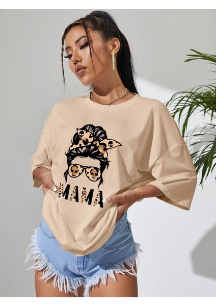 Mama Leopar Baskılı Oversize T-Shirt Salaş Boyfirend fiyatları