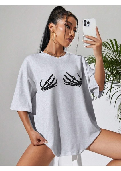 Iskelet Eli Baskılı Oversize T-Shirt Salaş Boyfirend