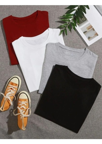 Unisex 4'lü Paket Siyah-Beyaz-Gri-Kırmızı Düz Oversize Bisiklet Yaka Salaş Tshirt