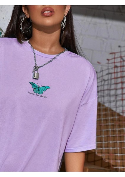 Minik Kelebek Baskılı Oversize T-Shirt Salaş Boyfirend