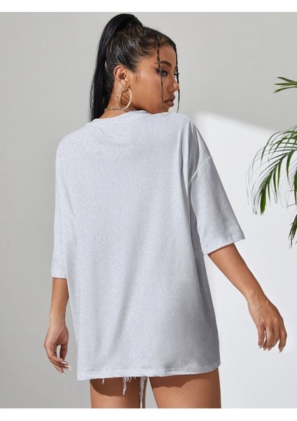 Kelebek Baskılı Kadın Oversize Gri Salas T-Shirt Boyfriend modelleri