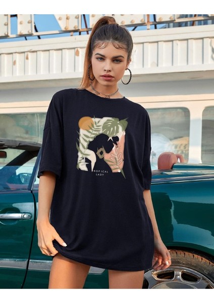Kadın Tropical Lady Baskılı Oversize T-Shirt