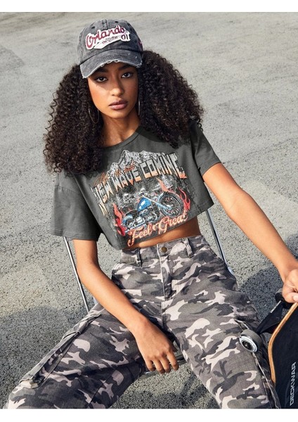 Kadın Oversize Crop New Wave Comine Baskılı