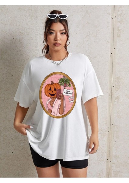 Bal Kabağı Baskılı Beyaz Oversize T-Shirt Salaş Boyfirend