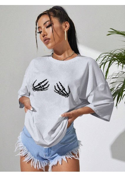 Iskelet Eli Baskılı Oversize T-Shirt Salaş Boyfirend