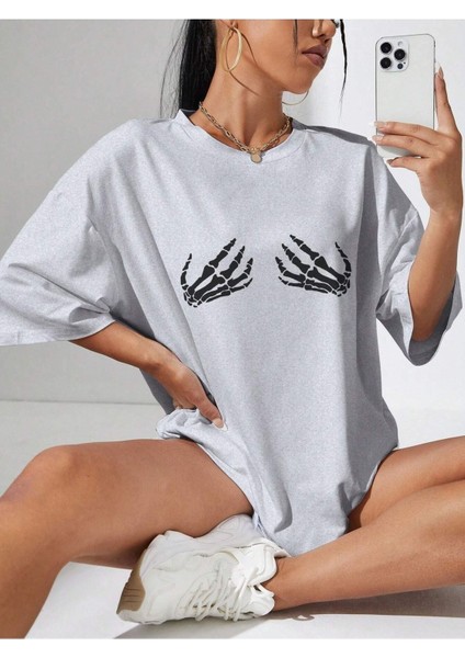 Iskelet Eli Baskılı Oversize T-Shirt Salaş Boyfirend