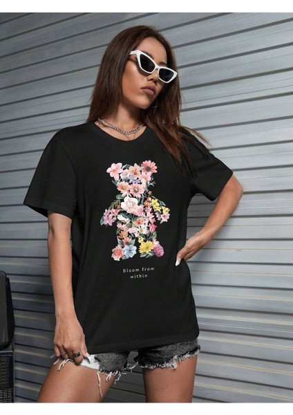 Flower Bear Baskılı Oversize T-Shirt Salaş Boyfirend fiyatları