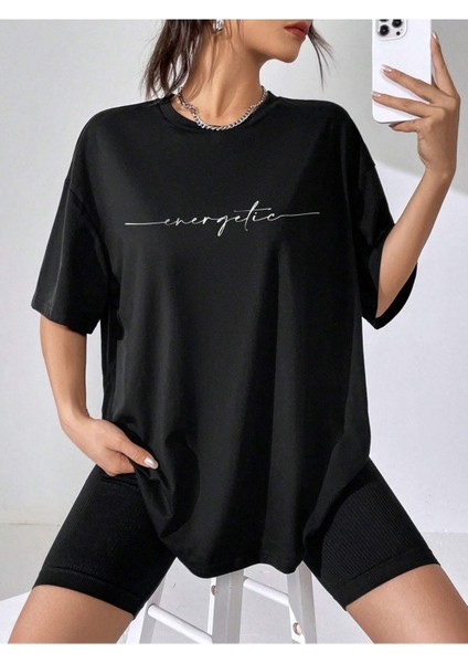 Enerjik Baskılı Siyah Oversize T-Shirt Salaş Boyfirend