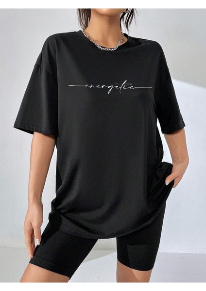 Enerjik Baskılı Siyah Oversize T-Shirt Salaş Boyfirend