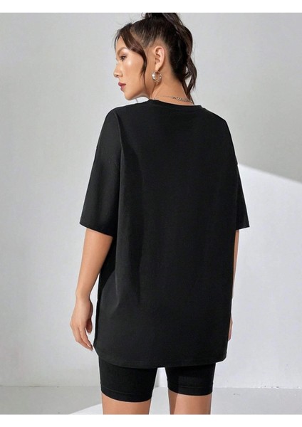 Enerjik Baskılı Siyah Oversize T-Shirt Salaş Boyfirend