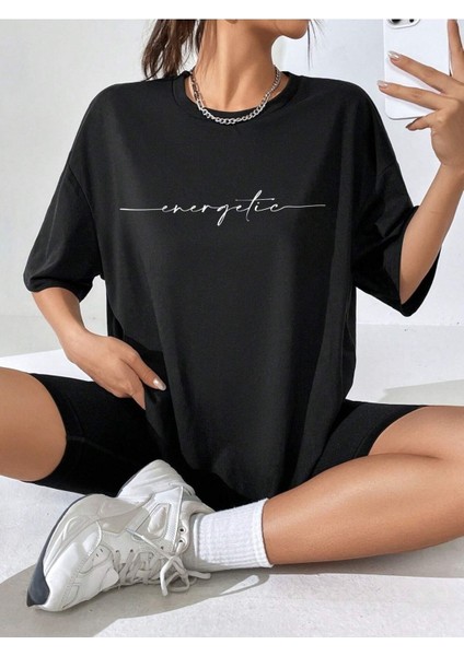 Enerjik Baskılı Siyah Oversize T-Shirt Salaş Boyfirend