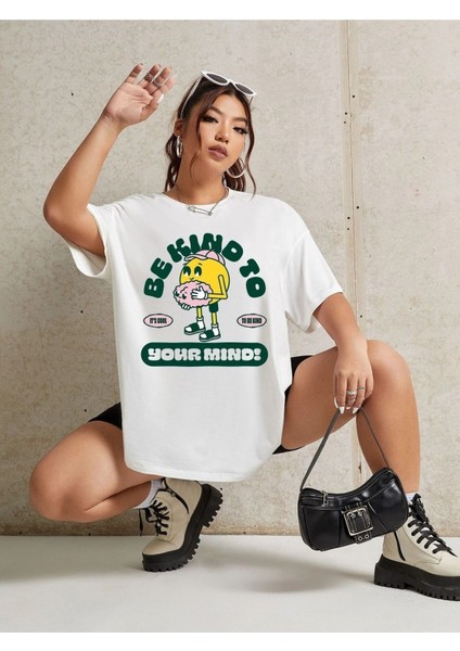 Kind To Baskılı Kadın Oversize Beyaz Salaş T-Shirt Boyfriend fiyatları