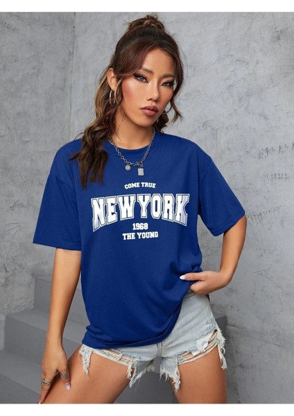 New York 1968 Baskılı Kadın Oversize Salas T-Shirt Boyfriend