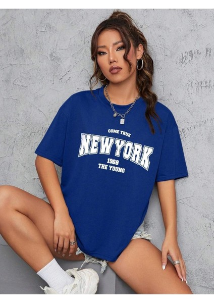 New York 1968 Baskılı Kadın Oversize Salas T-Shirt Boyfriend modelleri