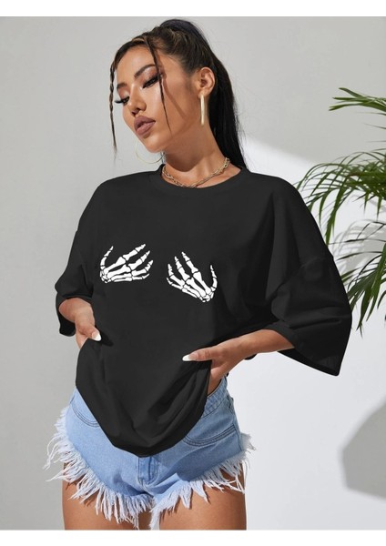 Iskelet Eli Baskılı Oversize T-Shirt Salaş Boyfirend