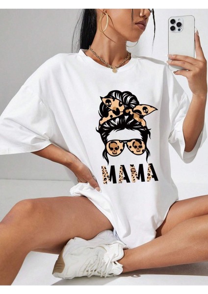 Mama Leopar Baskılı Oversize T-Shirt Salaş Boyfirend