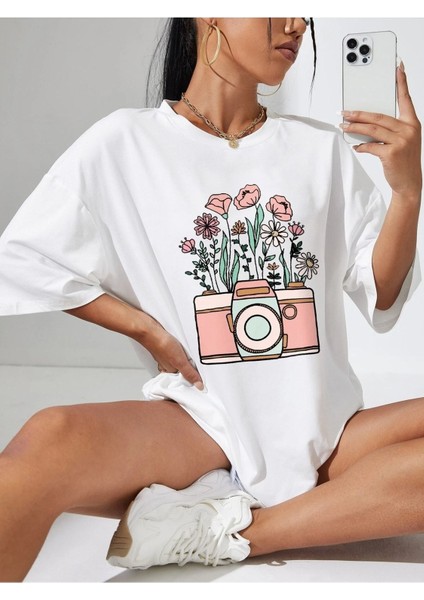 Fotoğraf Makinası Baskılı Oversize T-Shirt Salaş Boyfirend