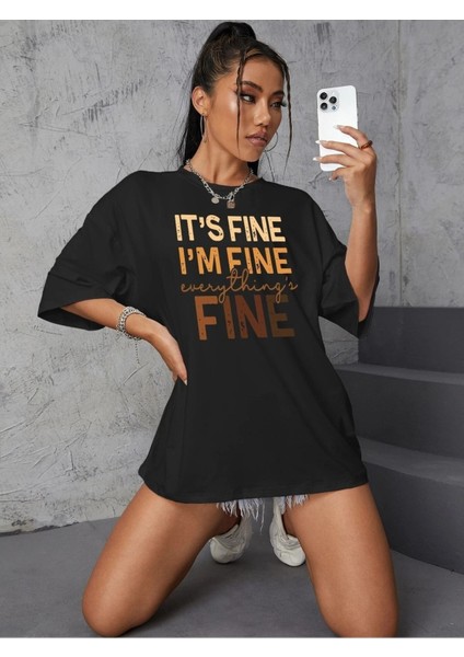 Everything's Fine Baskılı Oversize T-Shirt Salaş Boyfirend modelleri