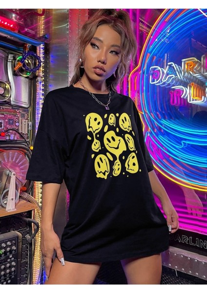 Emoji Baskılı Siyah Oversize T-Shirt Salaş Boyfirend