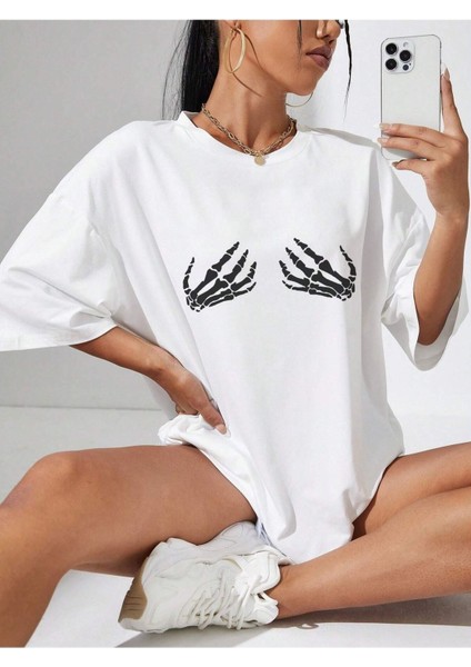 Iskelet Eli Baskılı Oversize T-Shirt Salaş Boyfirend