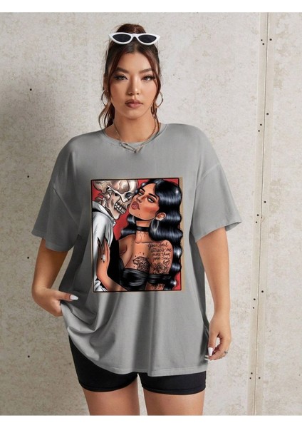 Skeleton Baskılı Kadın Oversize Salaş T-Shirt Boyfirend